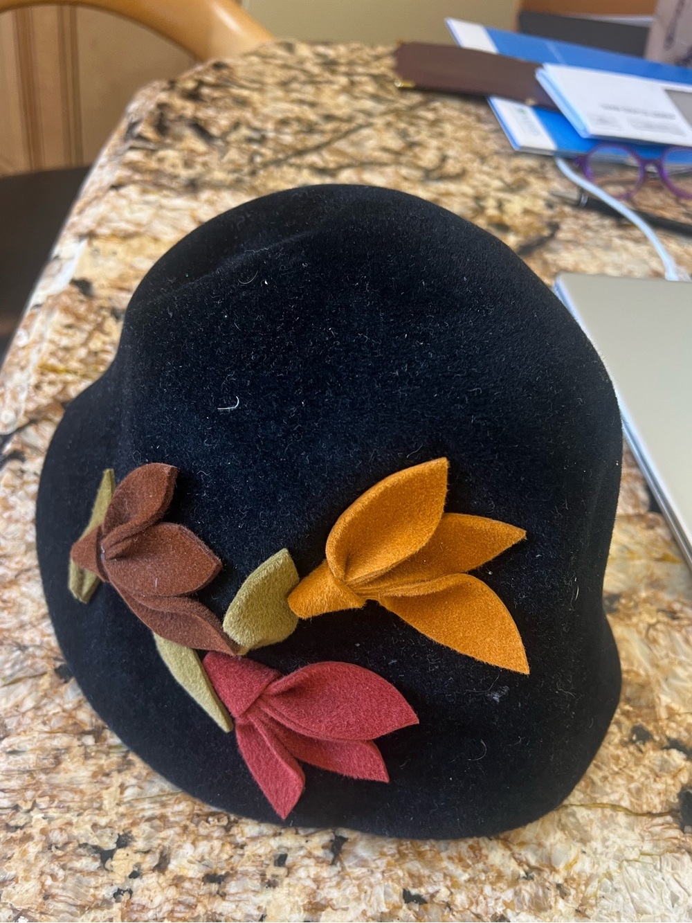Vintage Sherel’s New York Sculptural Black Felt Cloche Hat 3D Floral Appliqué